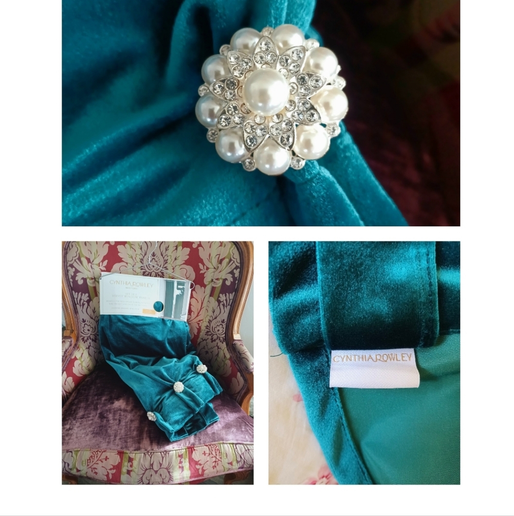 Cynthia Rowley Teal Velvet Drapes Curtains Faux Pearls Rhinestones Glamorous NIP